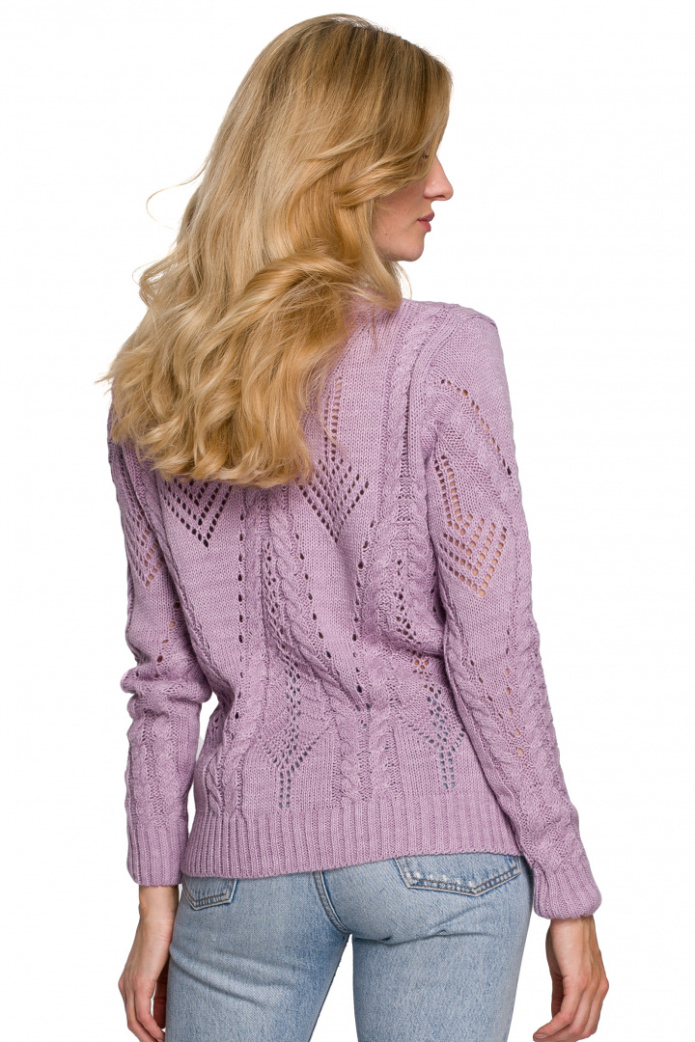 Sweter Damski - Krótki Ażurowy - liliowy